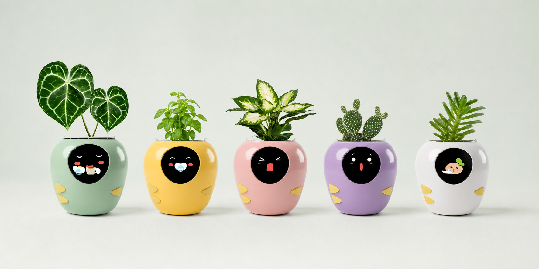 PlantCareBot smart reminder planter in mint green, warm yellow, soft pink, lavender, and white