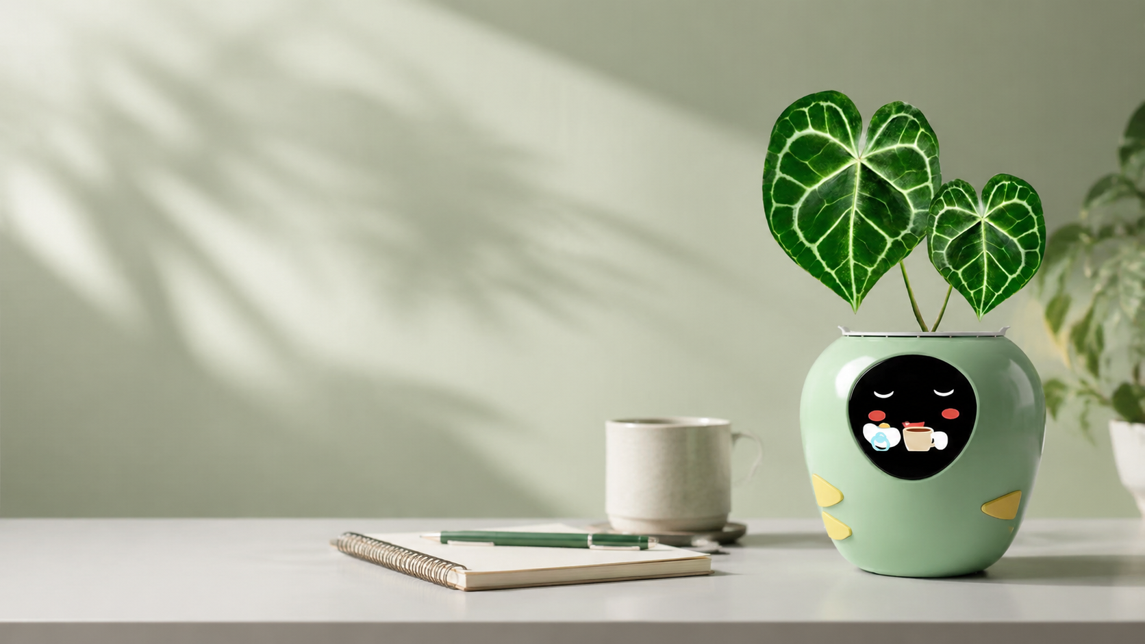 PlantCareBot smart reminder planter on a clean desk with indoor plants